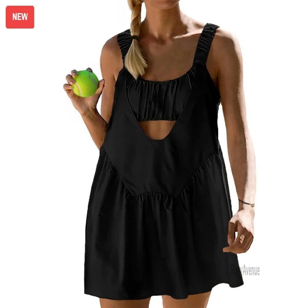 Women's Tennis Dress Set Built-in Bra Shorts Pockets Workout Athletic